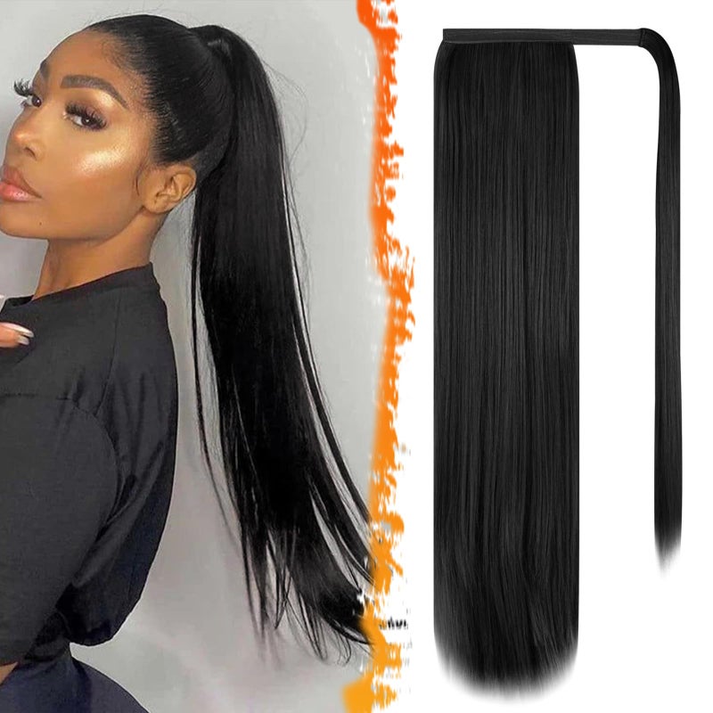 BARSDAR Natural Black Straight Wrap Ponytail Extension - 24 Inch Long Straight Wrap Around Ponytail Hair Extensions for Black Women, Synthetic Clip in Pony Tails Hairpieces Daily - Image 1